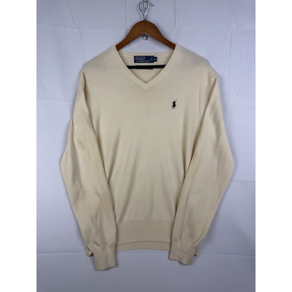 VTG 90's Polo Ralph Lauren 100% Pima Cotton V Neck Sweater Mens M Beige Tan